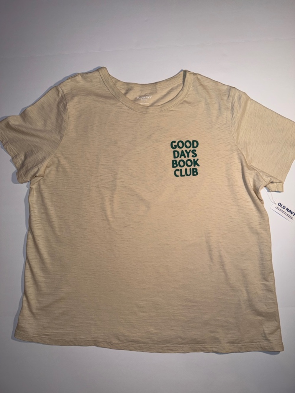 Old Navy Beige Tee with Green 'Good Days Book Club' Chest Print - 100% Cotton